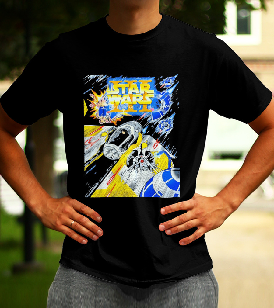 Star Wars Revenge Of The Sith Galactic Battle Artwork Featuring Anakin Skywalker And Iconic Droid Spaceships T-Shirt