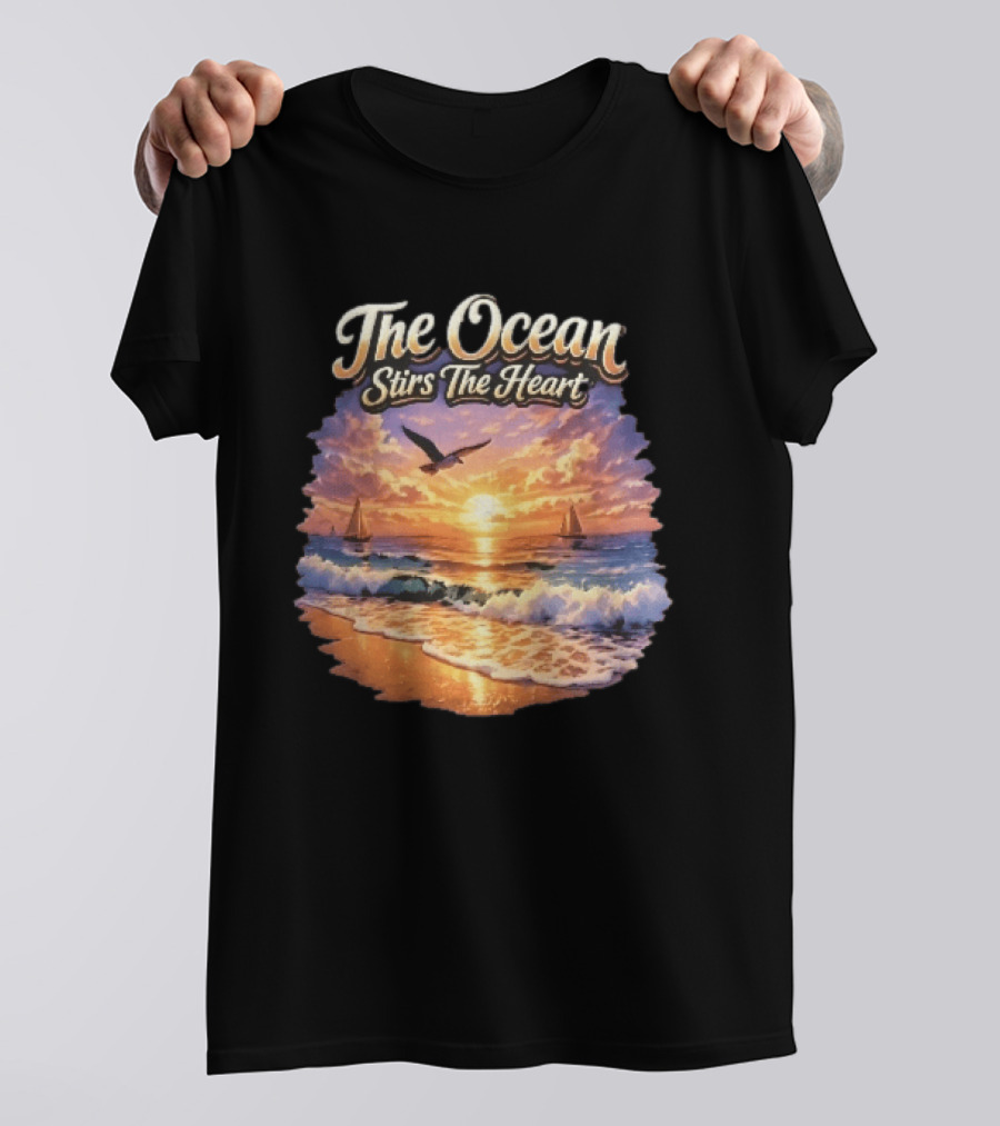 The Ocean Stirs The Heart Seagull Flying Sunset Beach Sailboats Waves T-Shirt