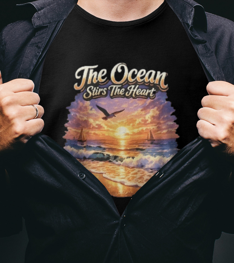 The Ocean Stirs The Heart Seagull Flying Sunset Beach Sailboats Waves T-Shirt