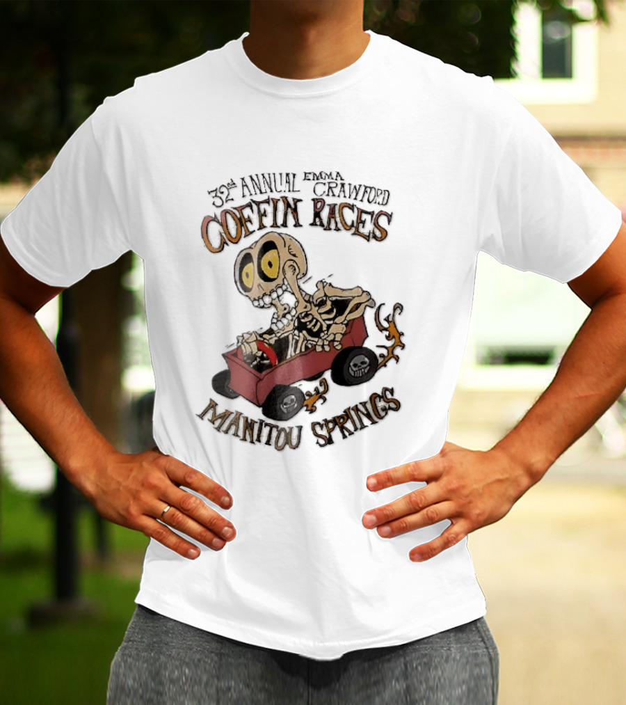 32nd Annual Emma Crawford Coffin Races Manitou Springs Cartoon Skeleton Racing Go Kart Flames T-Shirt