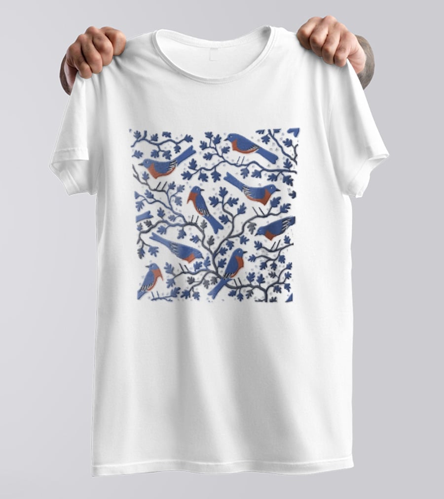 Eastern Bluebirds Perched On Flowering Tree Branches T-Shirt