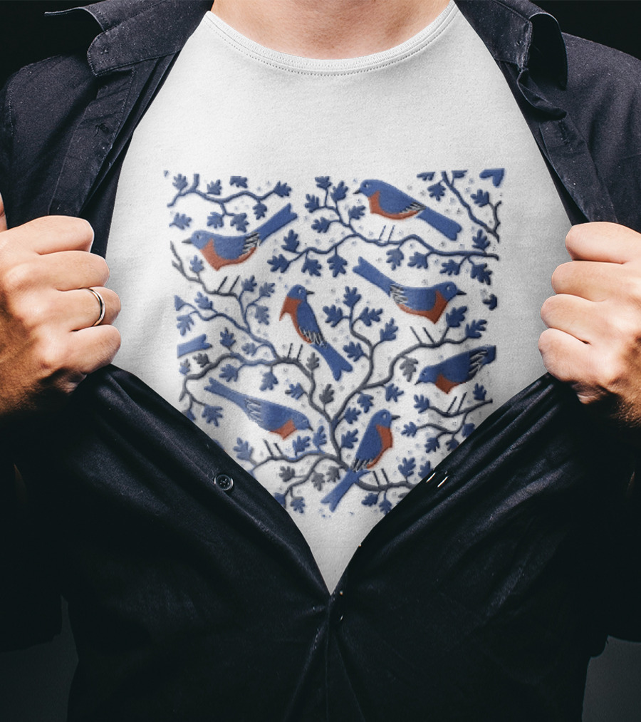 Eastern Bluebirds Perched On Flowering Tree Branches T-Shirt