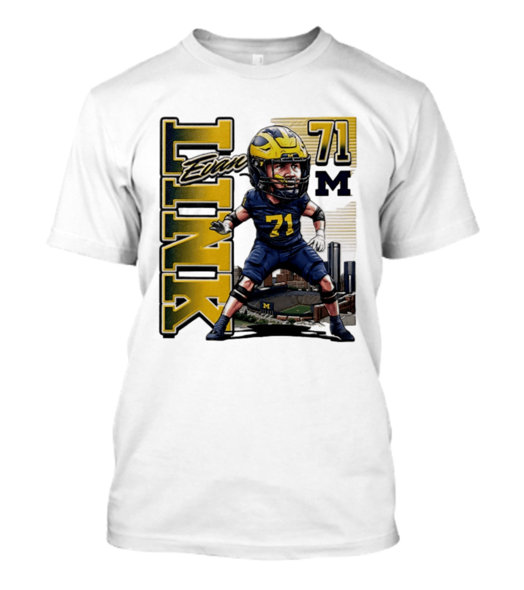 Evan Link 71 Michigan Wolverines Football Caricature T-Shirt