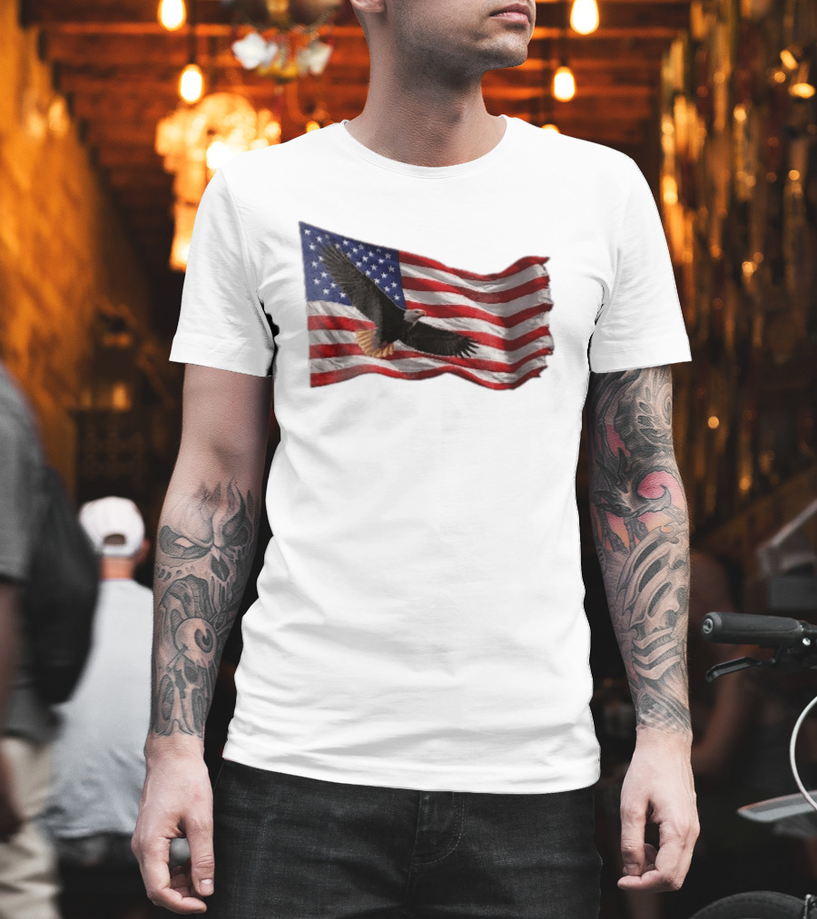 Bald Eagle Soaring Over Distressed American Flag Patriotic T-Shirt