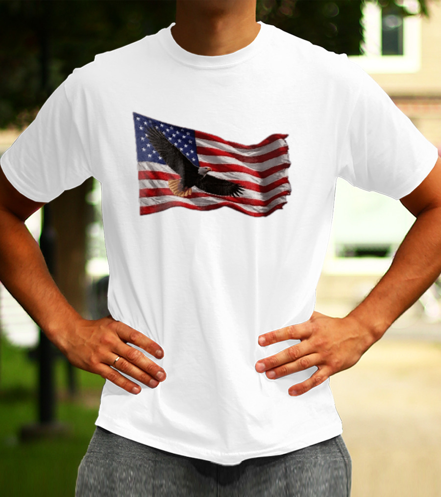 Bald Eagle Soaring Over Distressed American Flag Patriotic T-Shirt