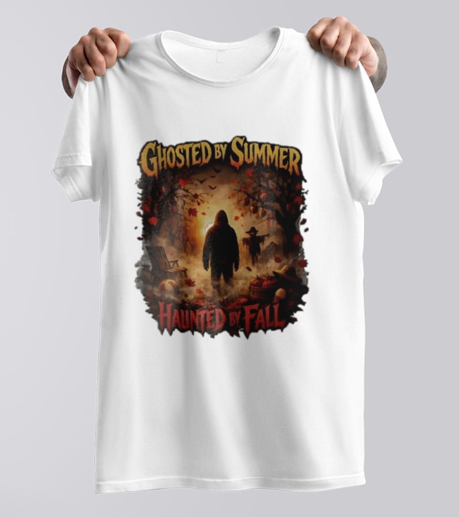 Ghosted By Summer Haunted By Fall Hooded Figure Autumn Orchard Scarecrow Pumpkins T-Shirt