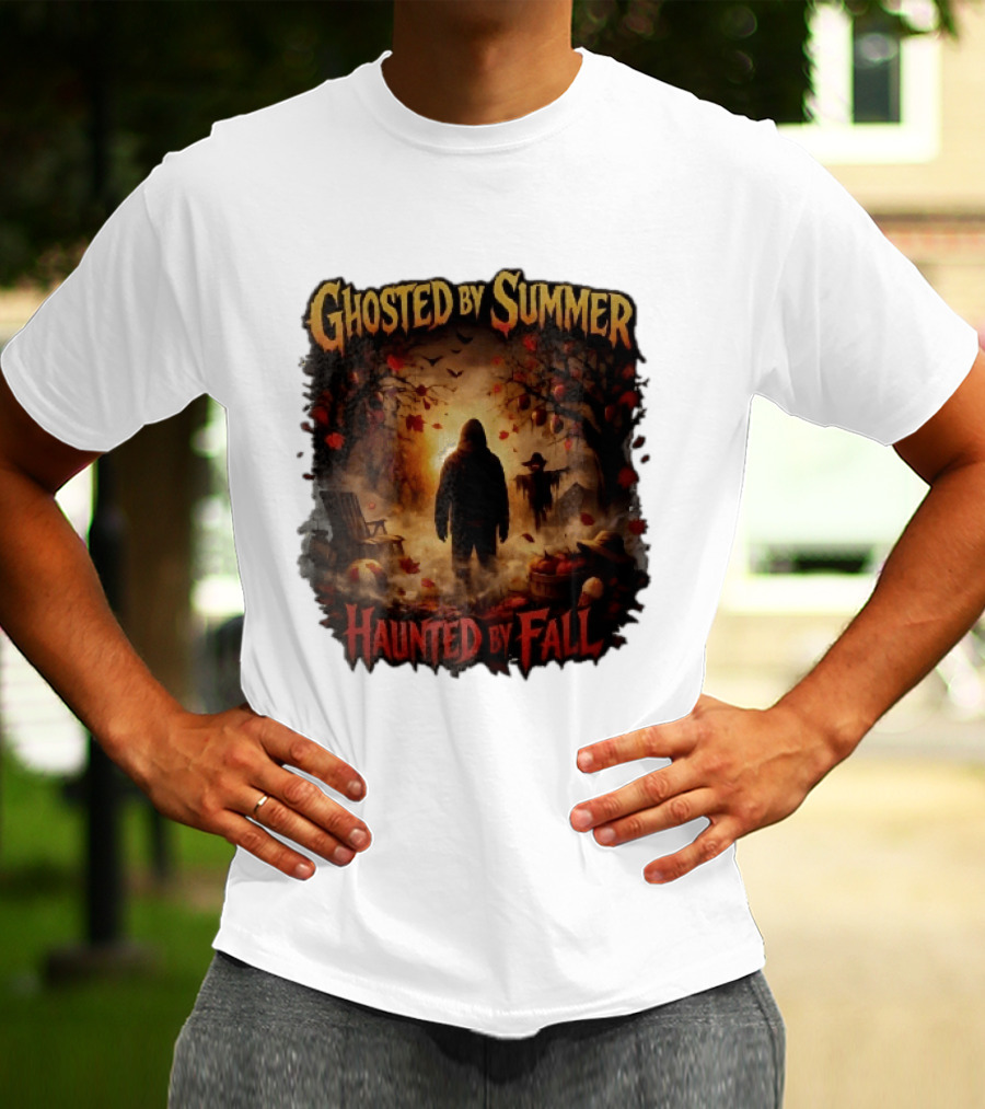 Ghosted By Summer Haunted By Fall Hooded Figure Autumn Orchard Scarecrow Pumpkins T-Shirt