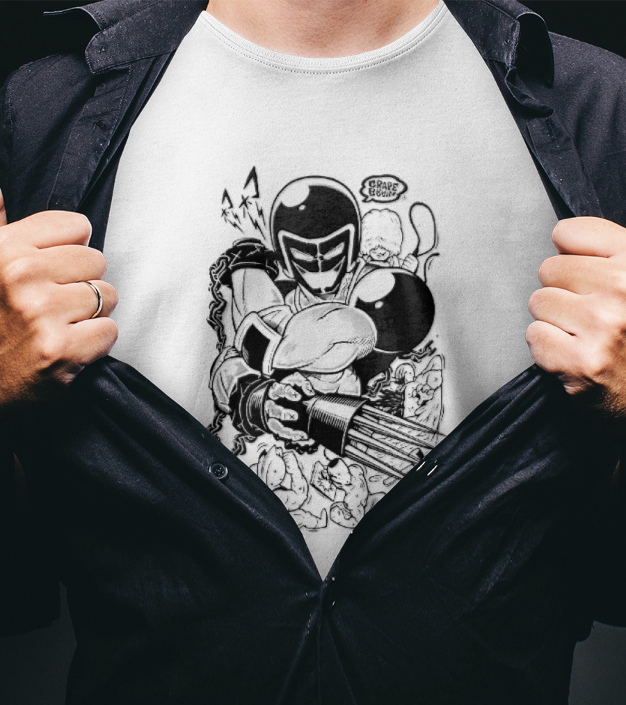 Grape Brain Masked Cyborg Wrestler Spiked Claws Chains Cartoon Line Drawing T-Shirt