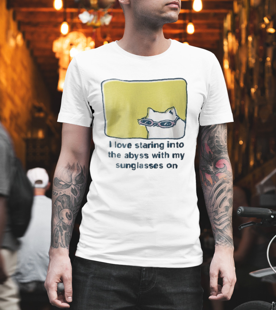 I Love Staring Into The Abyss With My Sunglasses On White Cat Pink Glasses Popcornpunk Cartoon T-Shirt