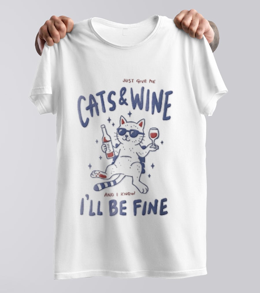 Just Give Me Cats And Wine I'll Be Fine Cartoon Feline Sunglasses Drink Bottle T-Shirt