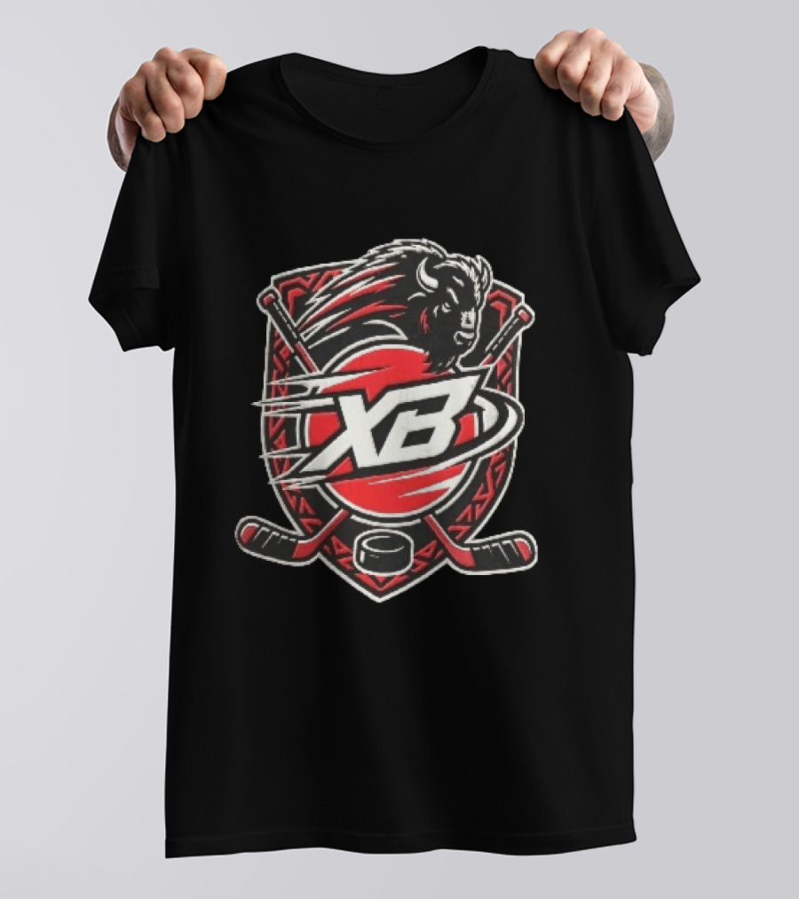 Xb Buffalo Bison Head With Crossed Hockey Sticks And Puck Shield Crest T-Shirt