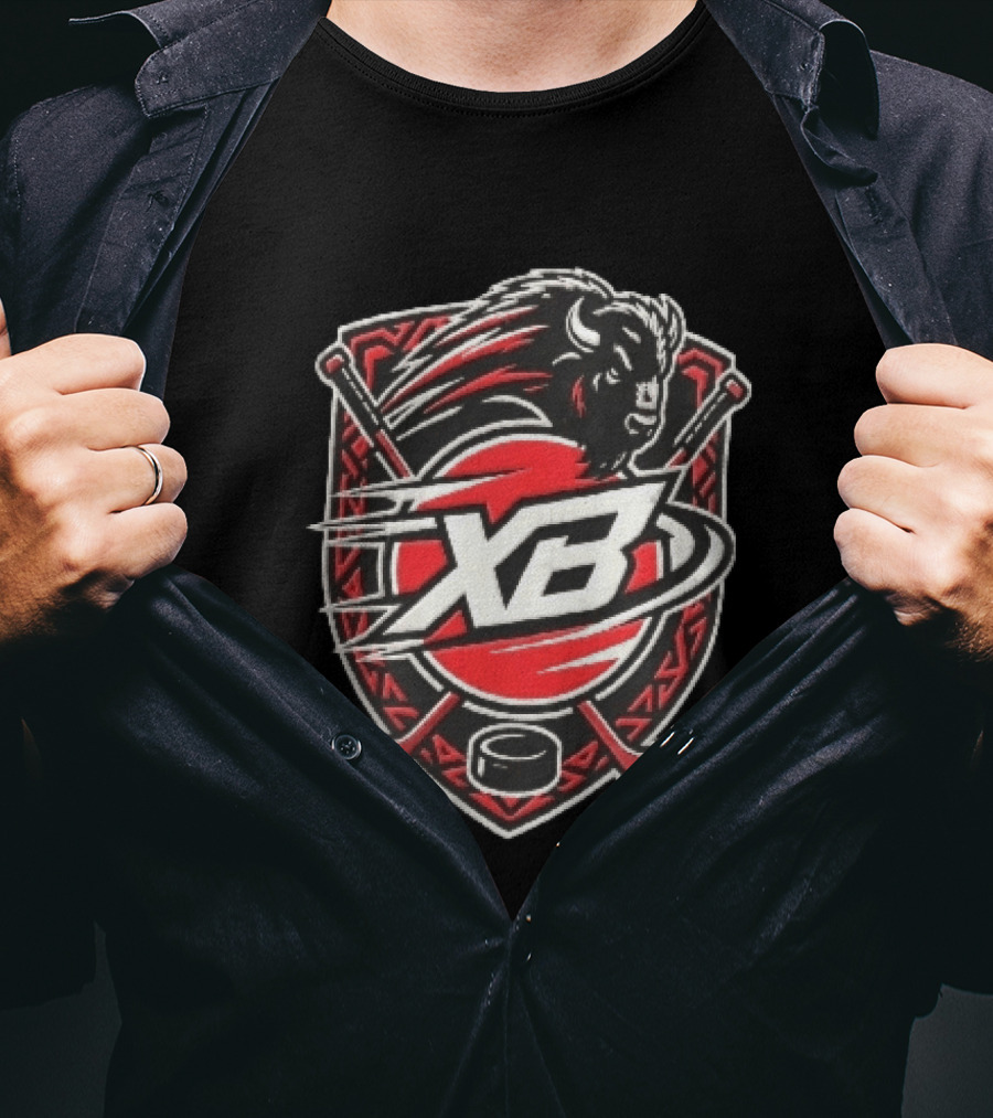 Xb Buffalo Bison Head With Crossed Hockey Sticks And Puck Shield Crest T-Shirt