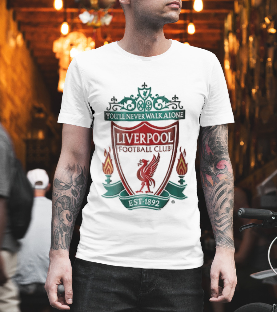 Liverpool Football Club You'll Never Walk Alone Shankly Gates Est 1892 Crest Shield Flames T-Shirt