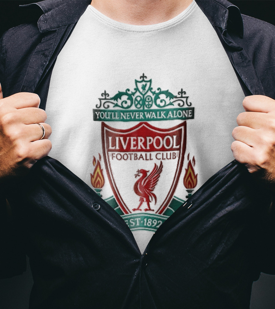 Liverpool Football Club You'll Never Walk Alone Shankly Gates Est 1892 Crest Shield Flames T-Shirt