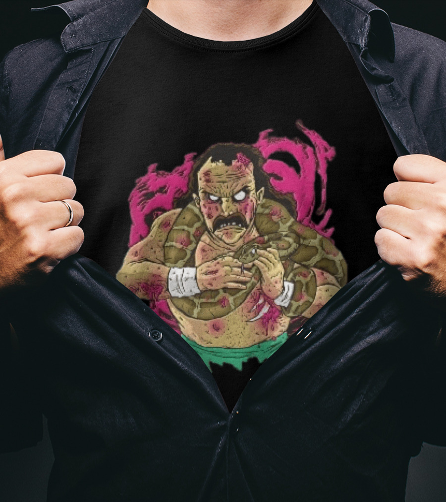 Zombie Wrestler Python Snake Pink Energy Burst Caricature T-Shirt