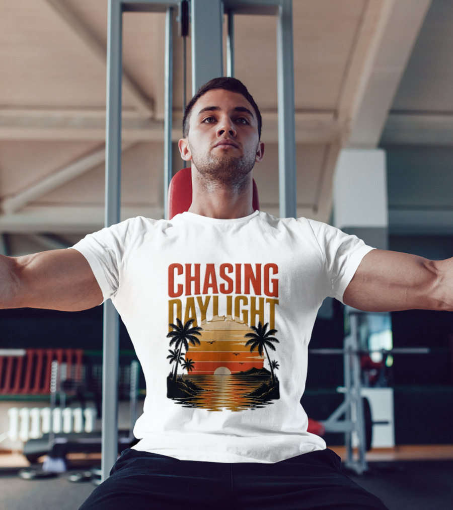 Chasing Daylight Tropical Beach Sunset Scene With Palms And Ocean Waves T-Shirt