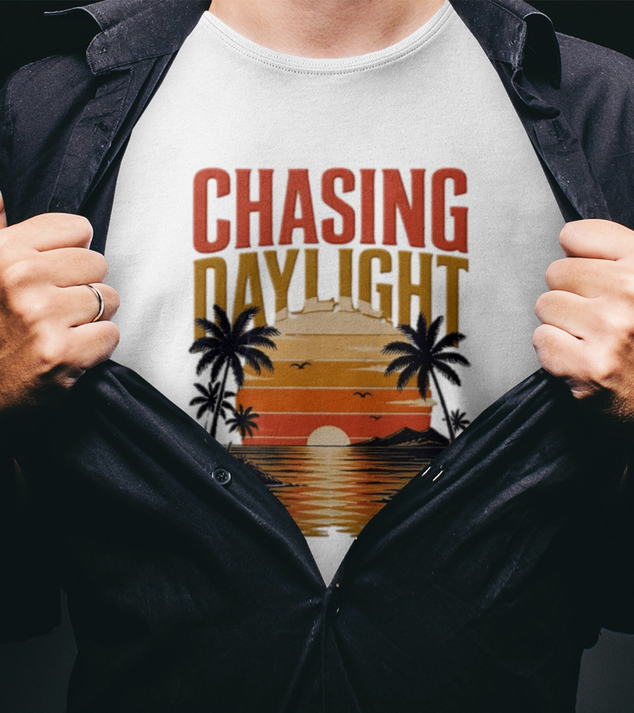 Chasing Daylight Tropical Beach Sunset Scene With Palms And Ocean Waves T-Shirt