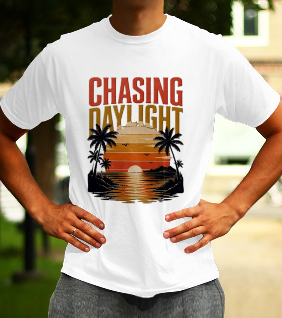 Chasing Daylight Tropical Beach Sunset Scene With Palms And Ocean Waves T-Shirt