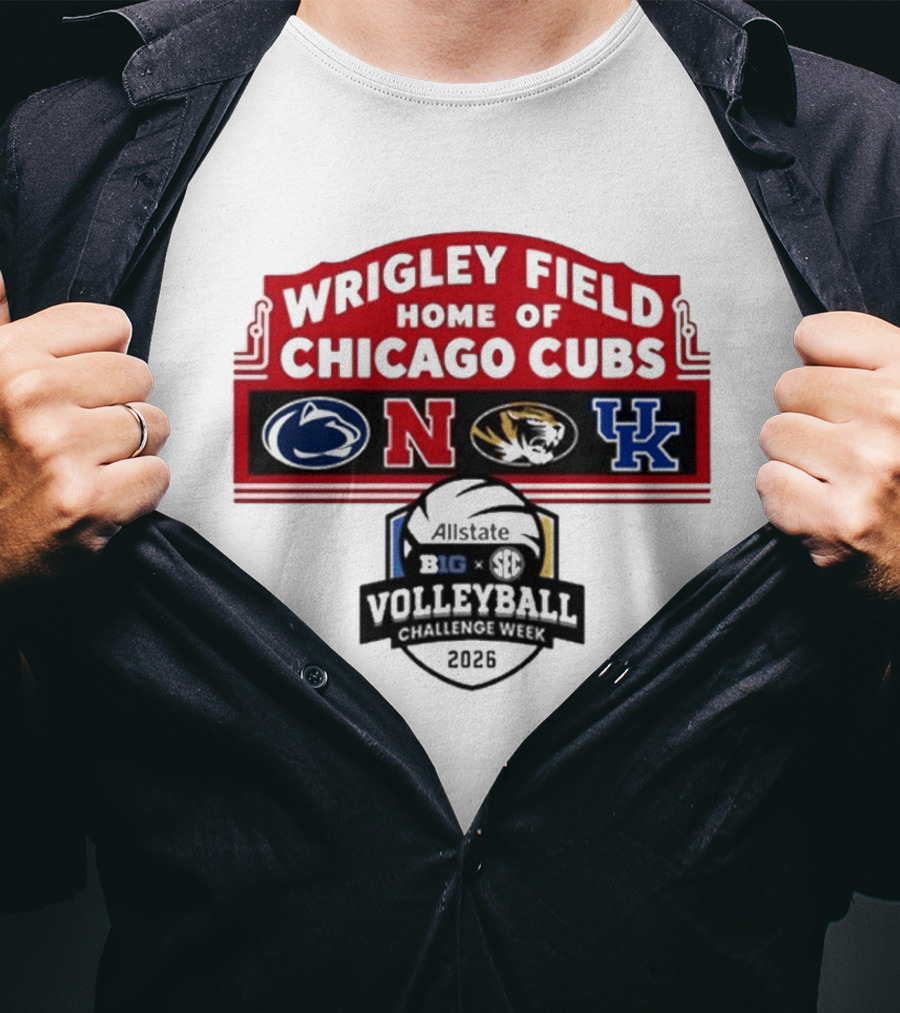 Wrigley Field Chicago Cubs Allstate 2026 Volleyball Challenge Week Penn State Nebraska Missouri Kentucky Logos T-Shirt