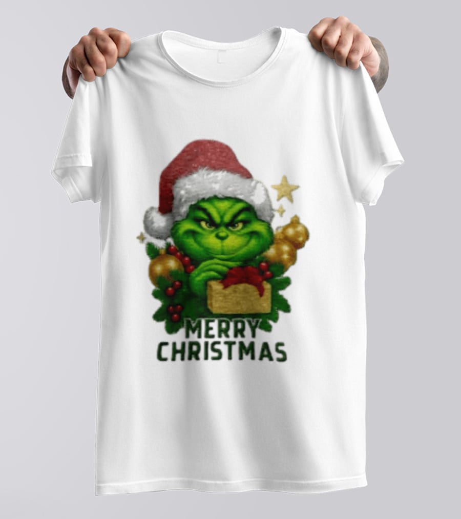 Merry Christmas Grinch Santa Claus Hat Gold Present Pine Branches T-Shirt
