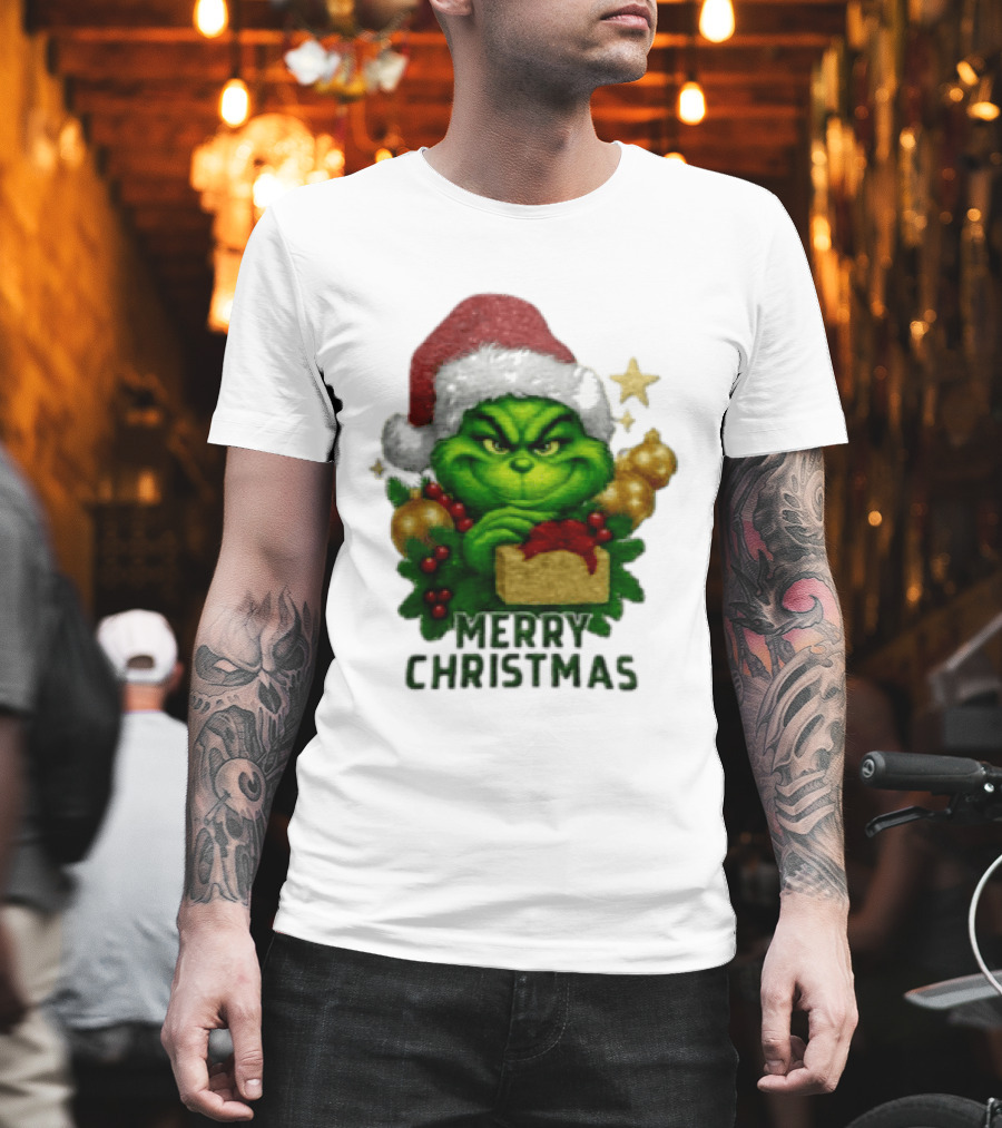 Merry Christmas Grinch Santa Claus Hat Gold Present Pine Branches T-Shirt