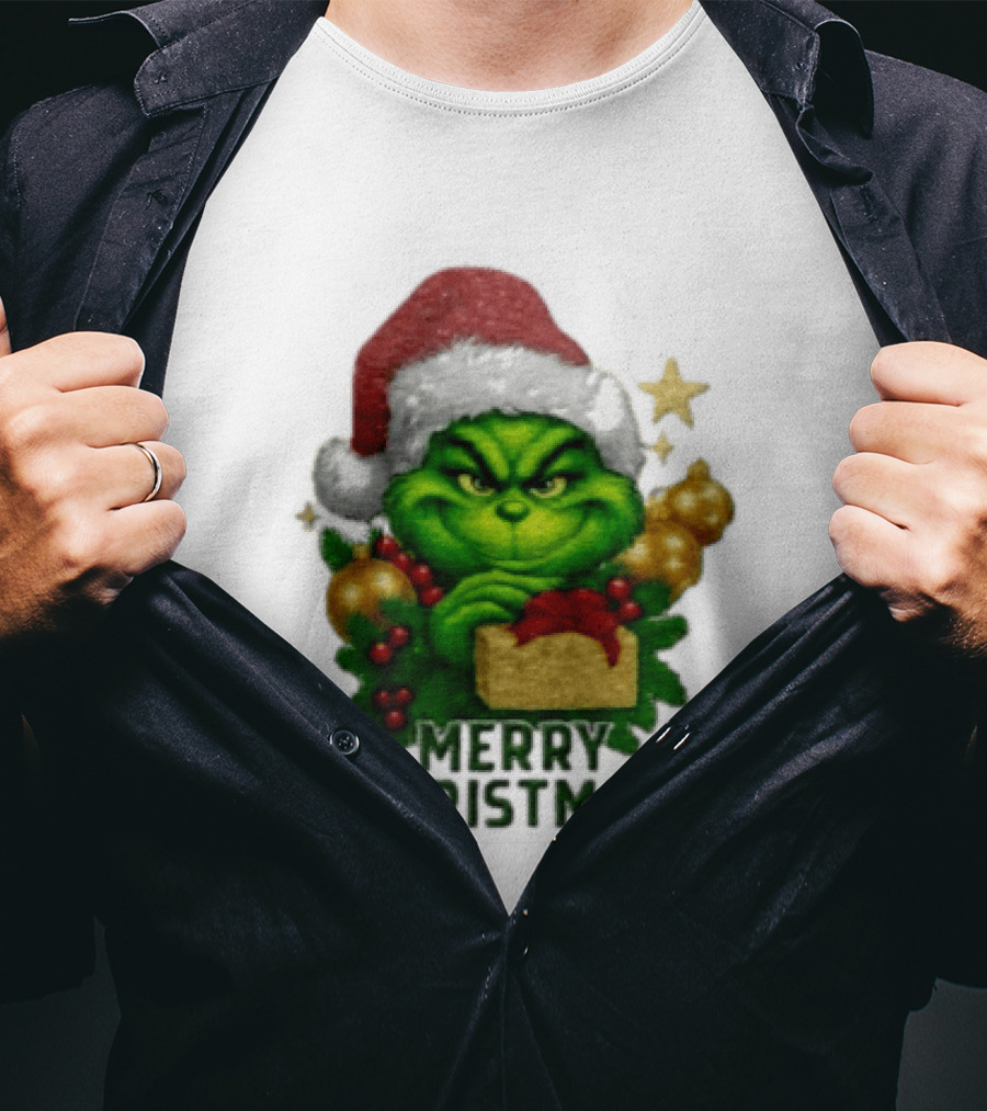 Merry Christmas Grinch Santa Claus Hat Gold Present Pine Branches T-Shirt