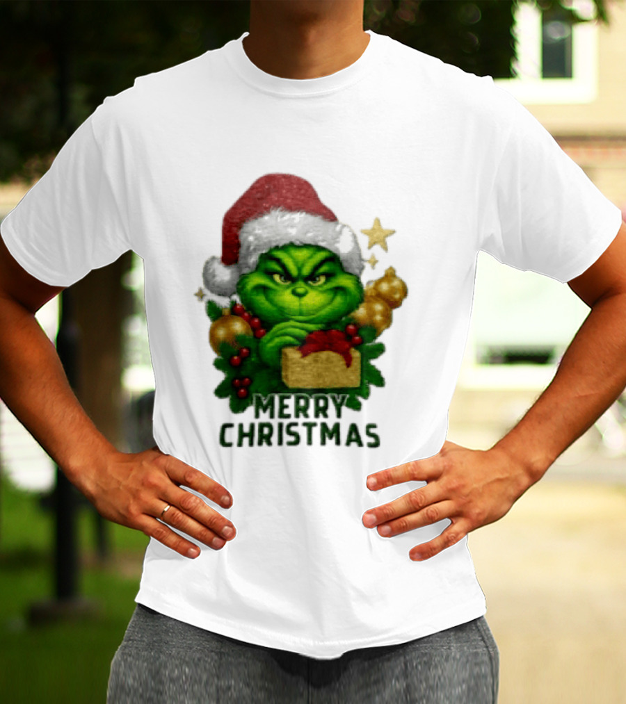 Merry Christmas Grinch Santa Claus Hat Gold Present Pine Branches T-Shirt