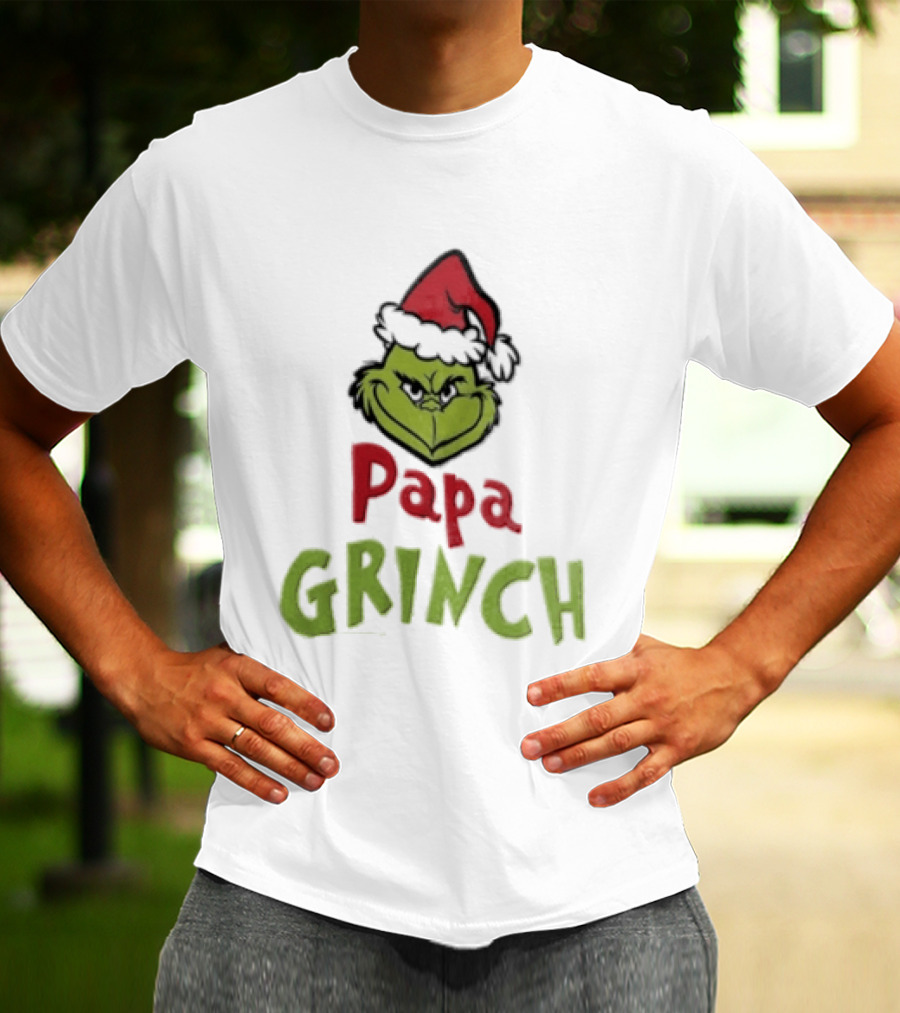 Papa Grinch Santa Claus Hat Green Face Cartoon T-Shirt