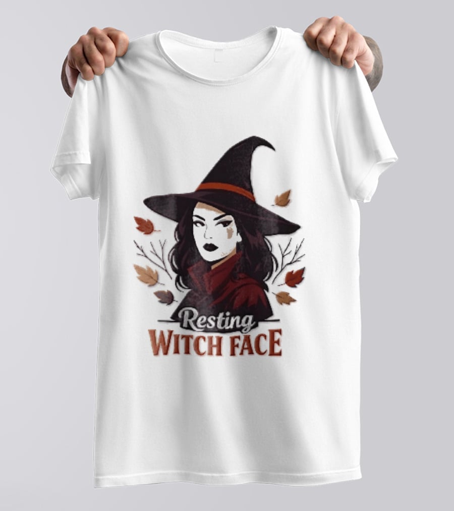 Resting Witch Face Dark Hair Woman Pointy Hat Autumn Leaves Halloween T-Shirt
