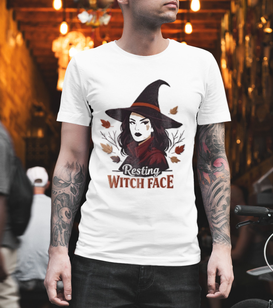 Resting Witch Face Dark Hair Woman Pointy Hat Autumn Leaves Halloween T-Shirt