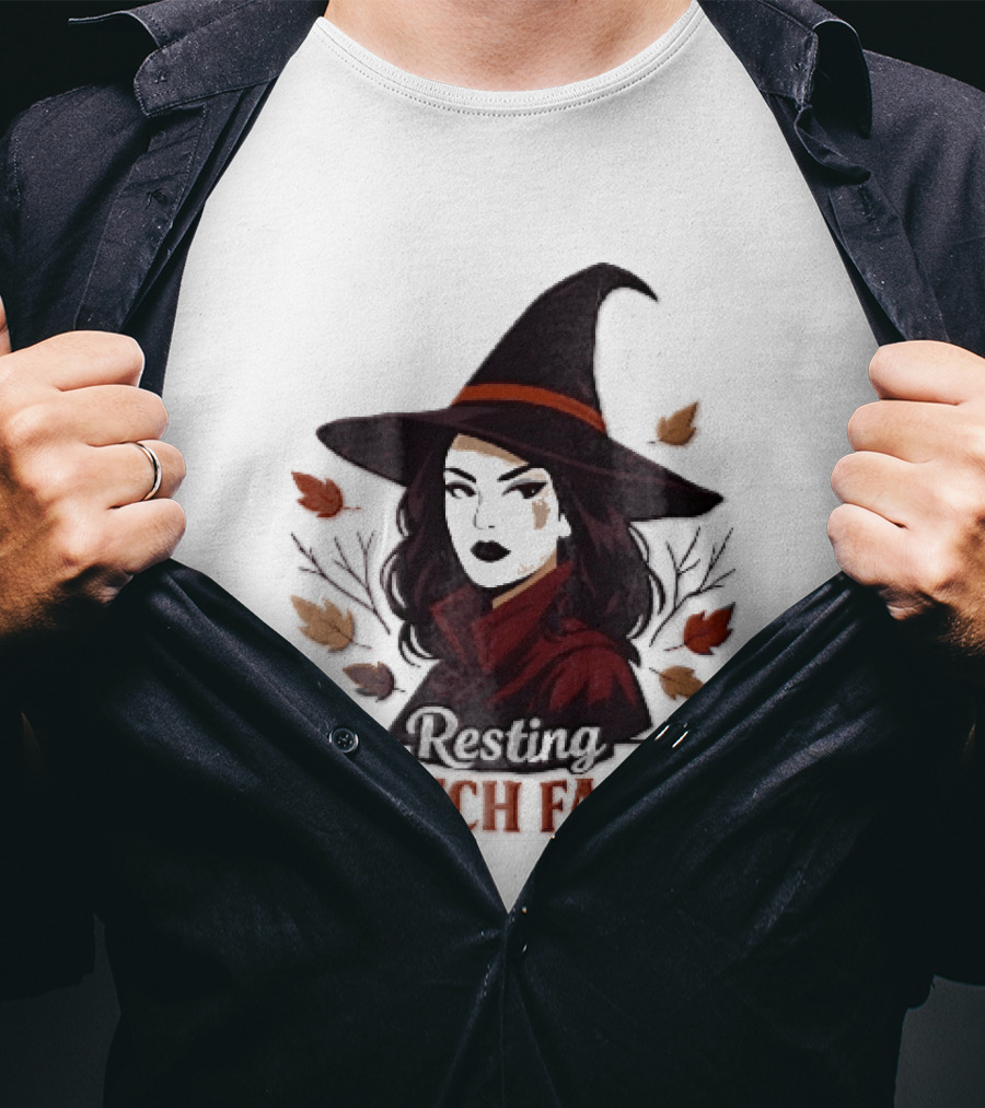 Resting Witch Face Dark Hair Woman Pointy Hat Autumn Leaves Halloween T-Shirt