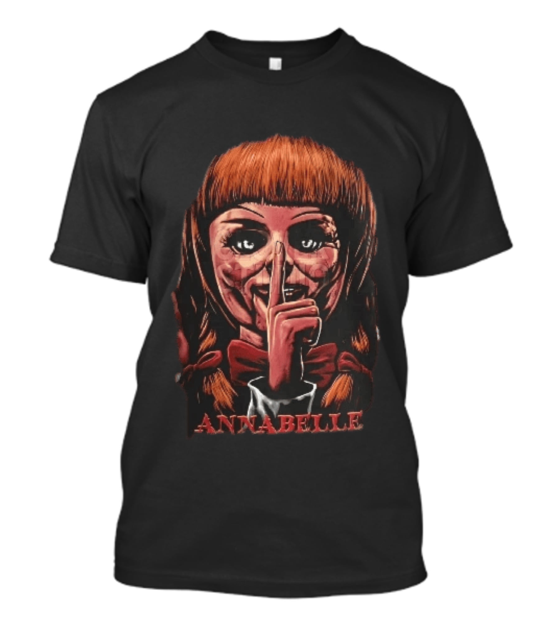 Annabelle Horror Doll Shushing Finger Red Bow Tie Eerie Doll Face T-Shirt