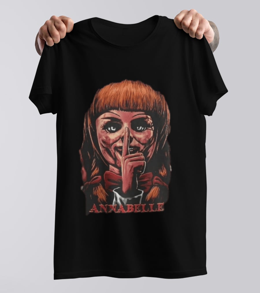 Annabelle Horror Doll Shushing Finger Red Bow Tie Eerie Doll Face T-Shirt