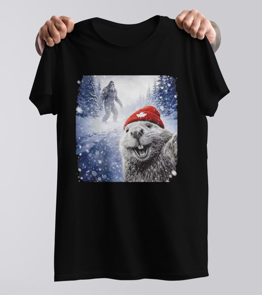 Beaver Selfie With Sasquatch In Snowy Canadian Forest T-Shirt