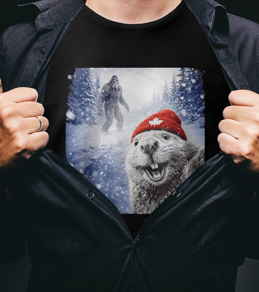 Beaver Selfie With Sasquatch In Snowy Canadian Forest T-Shirt