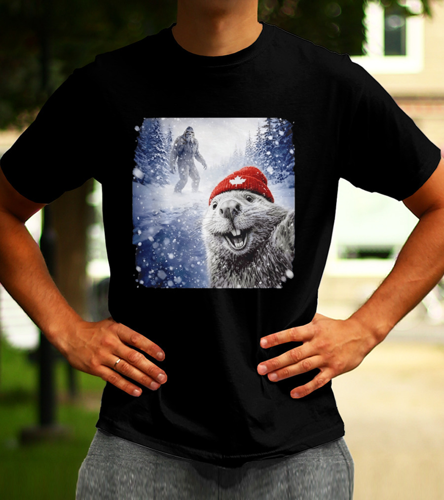 Beaver Selfie With Sasquatch In Snowy Canadian Forest T-Shirt