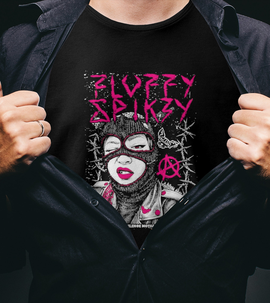 Fluffy Spikzy Elenoe Mothar Balaclava Anarchy Art With Barbed Wire And Punk T-Shirt