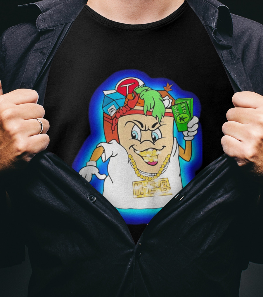 H E Buddy Bud Bucks Character Holding Bud Buck Bills And Wearing Gold Chain With Bling H E B T-Shirt