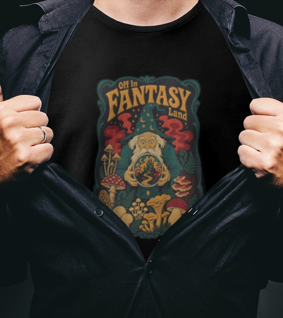 Off In Fantasy Land Wizard With Magic Mushrooms And Crystal Ball T-Shirt