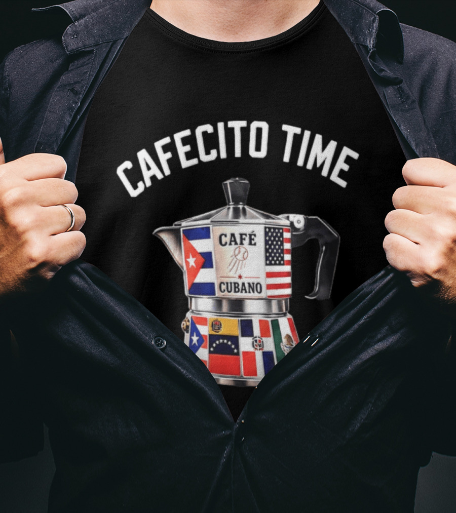 Cafecito Time Café Cubano Kike Hernandez Cuban Coffee Flag Motif T-Shirt