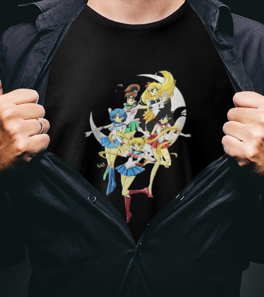 Sailor Moon Crescent Five Guardians Distressed Cartoon T-Shirt