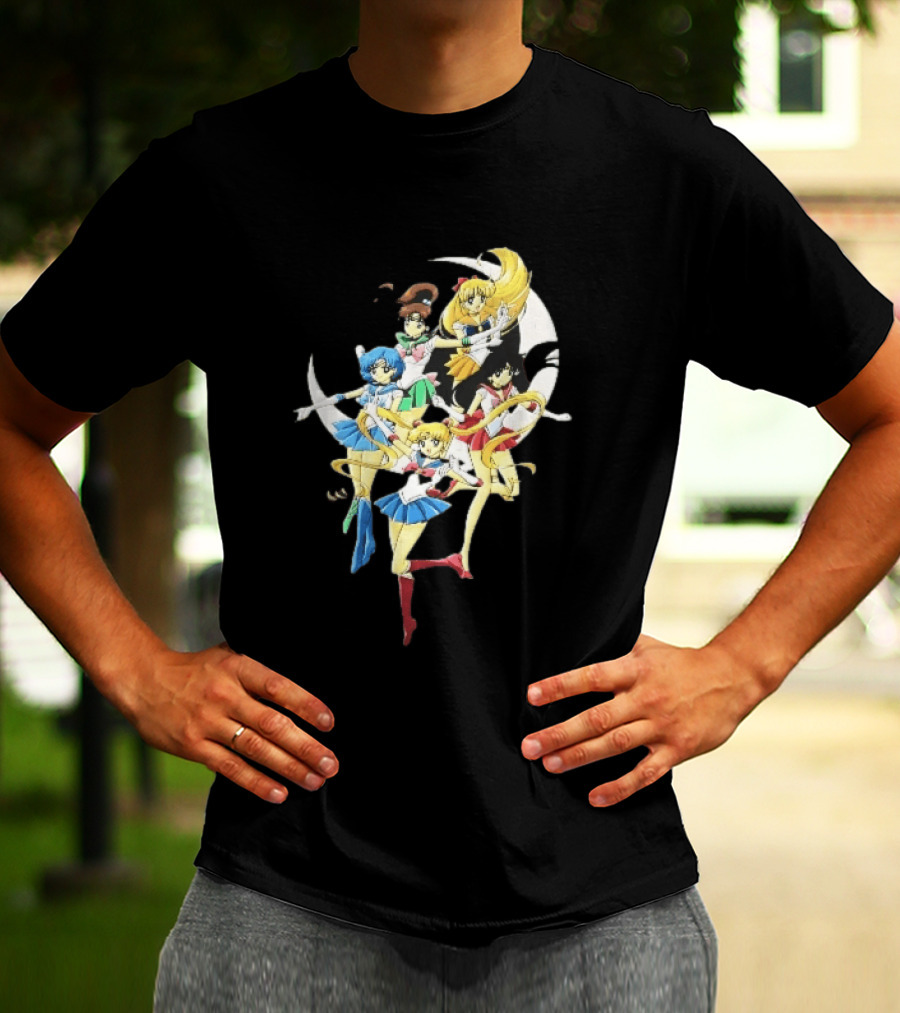 Sailor Moon Crescent Five Guardians Distressed Cartoon T-Shirt