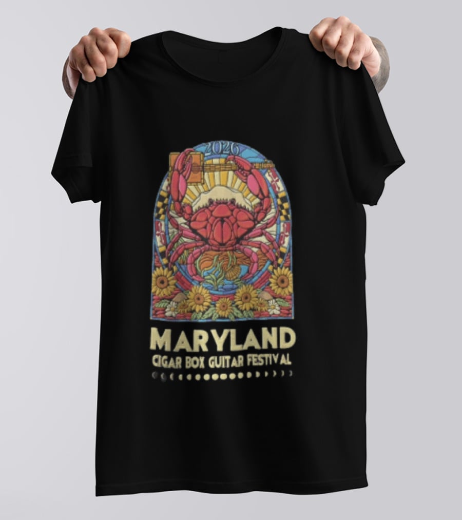 Maryland Cigar Box Guitar Festival 2026 Crab Stained Glass Sunflowers T-Shirt