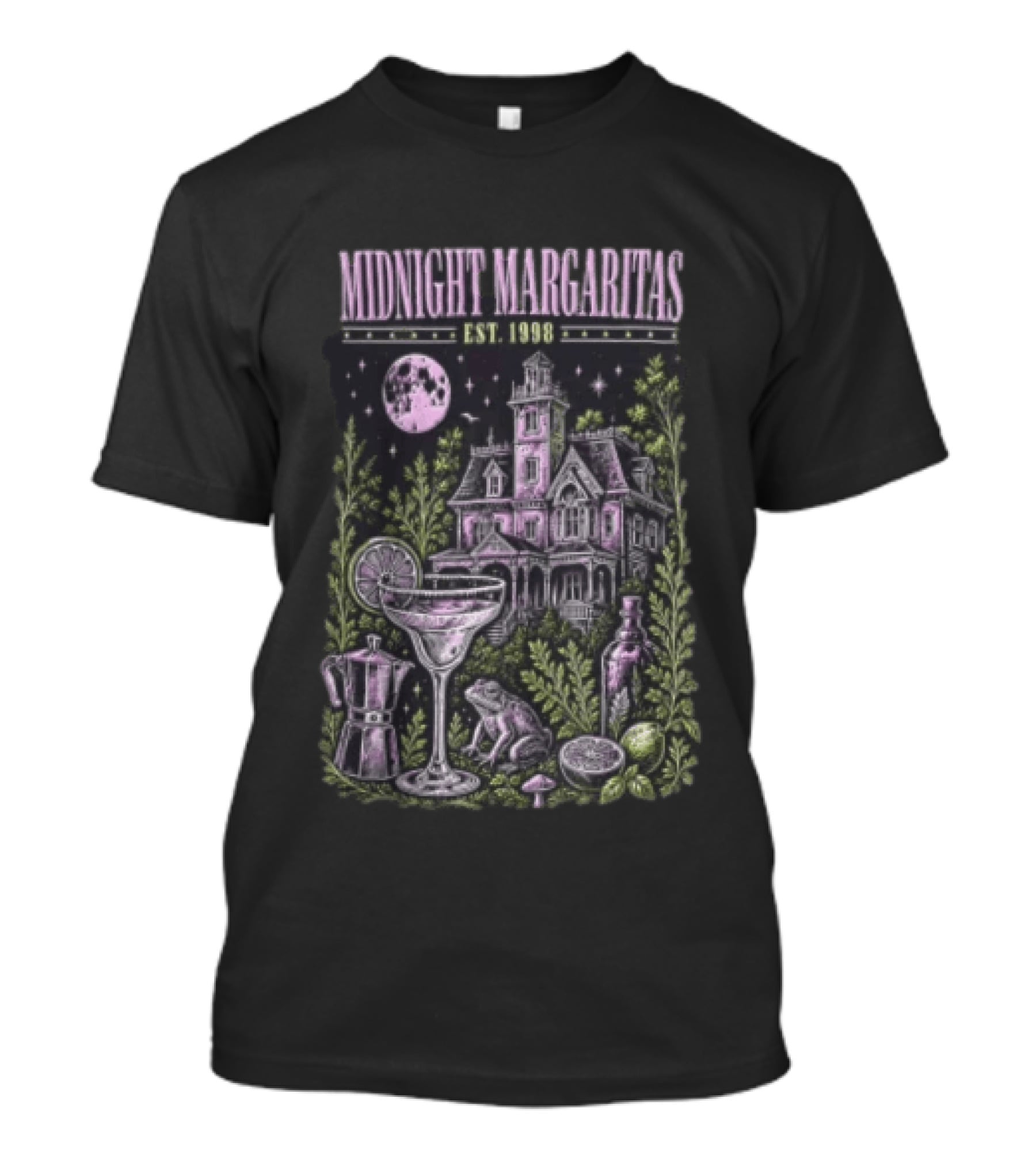 Midnight Margaritas Est 1998 Haunted Mansion Full Moon Frog Margarita Glass Lime Pestle Botanical T-Shirt