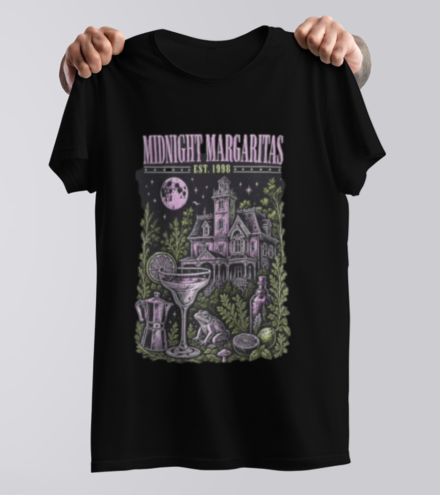 Midnight Margaritas Est 1998 Haunted Mansion Full Moon Frog Margarita Glass Lime Pestle Botanical T-Shirt