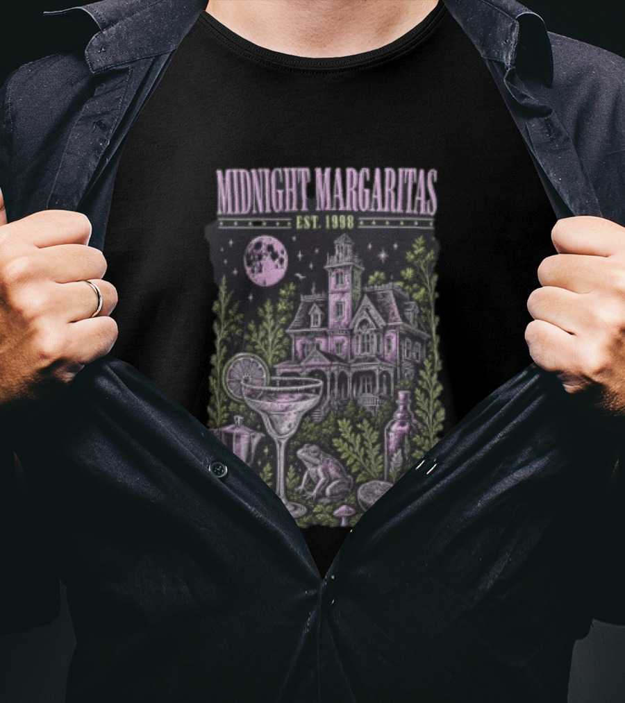 Midnight Margaritas Est 1998 Haunted Mansion Full Moon Frog Margarita Glass Lime Pestle Botanical T-Shirt