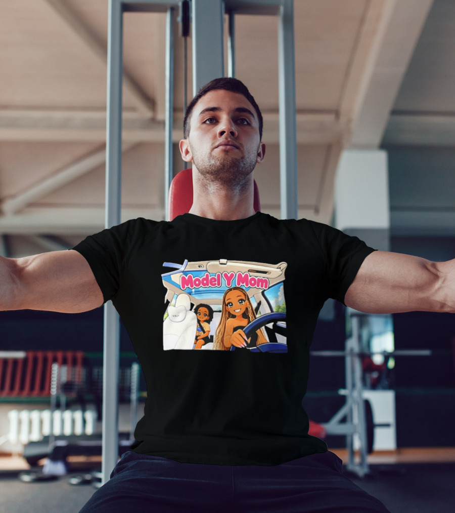 Model Y Mom Cartoon Driving Scene In Tesla T-Shirt