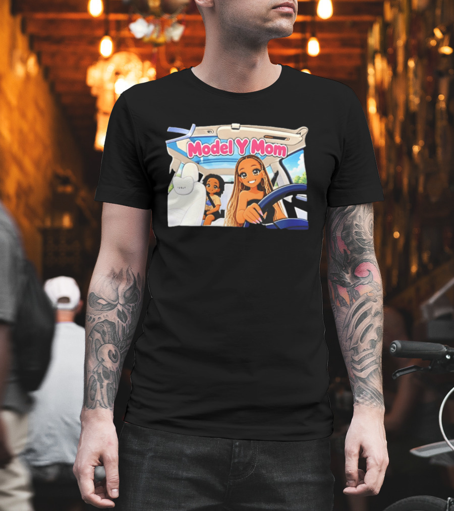 Model Y Mom Cartoon Driving Scene In Tesla T-Shirt