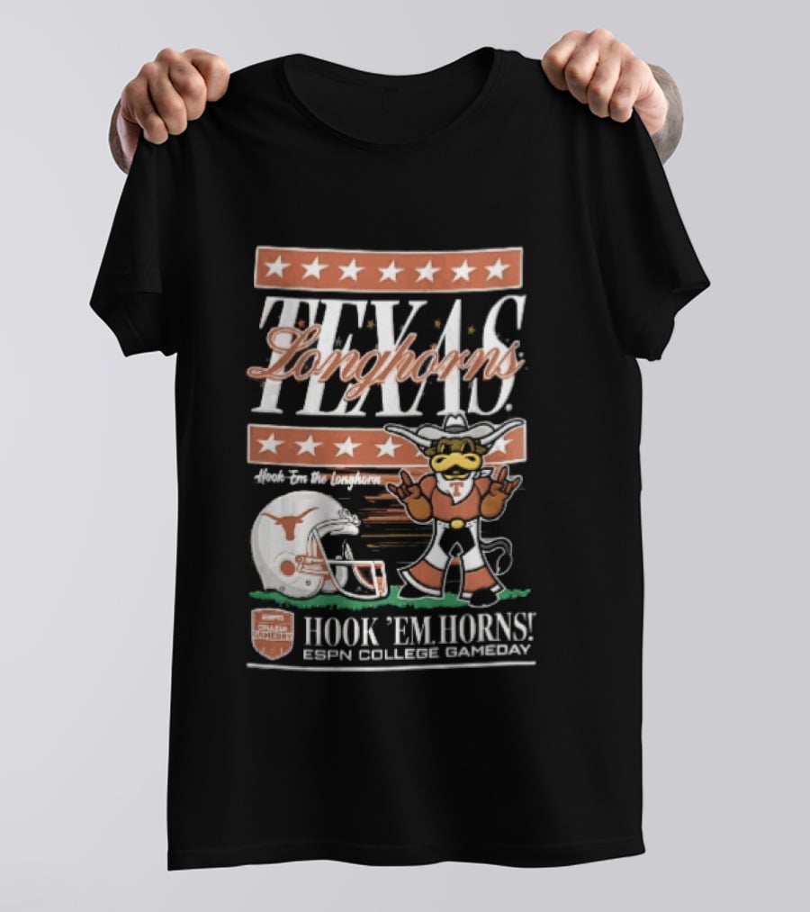 Texas Longhorns Hook Em Horns ESPN College Gameday Football Helmet Cartoon T-Shirt