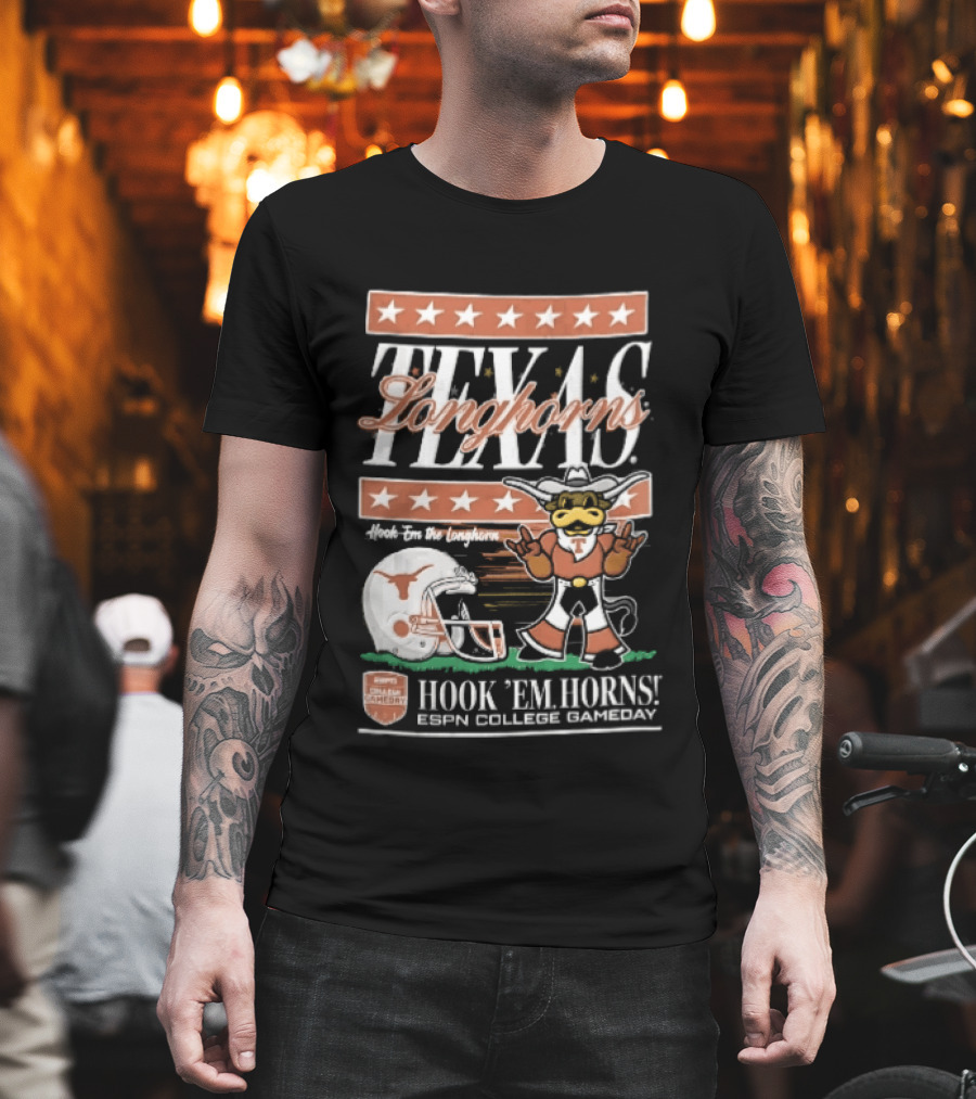 Texas Longhorns Hook Em Horns ESPN College Gameday Football Helmet Cartoon T-Shirt